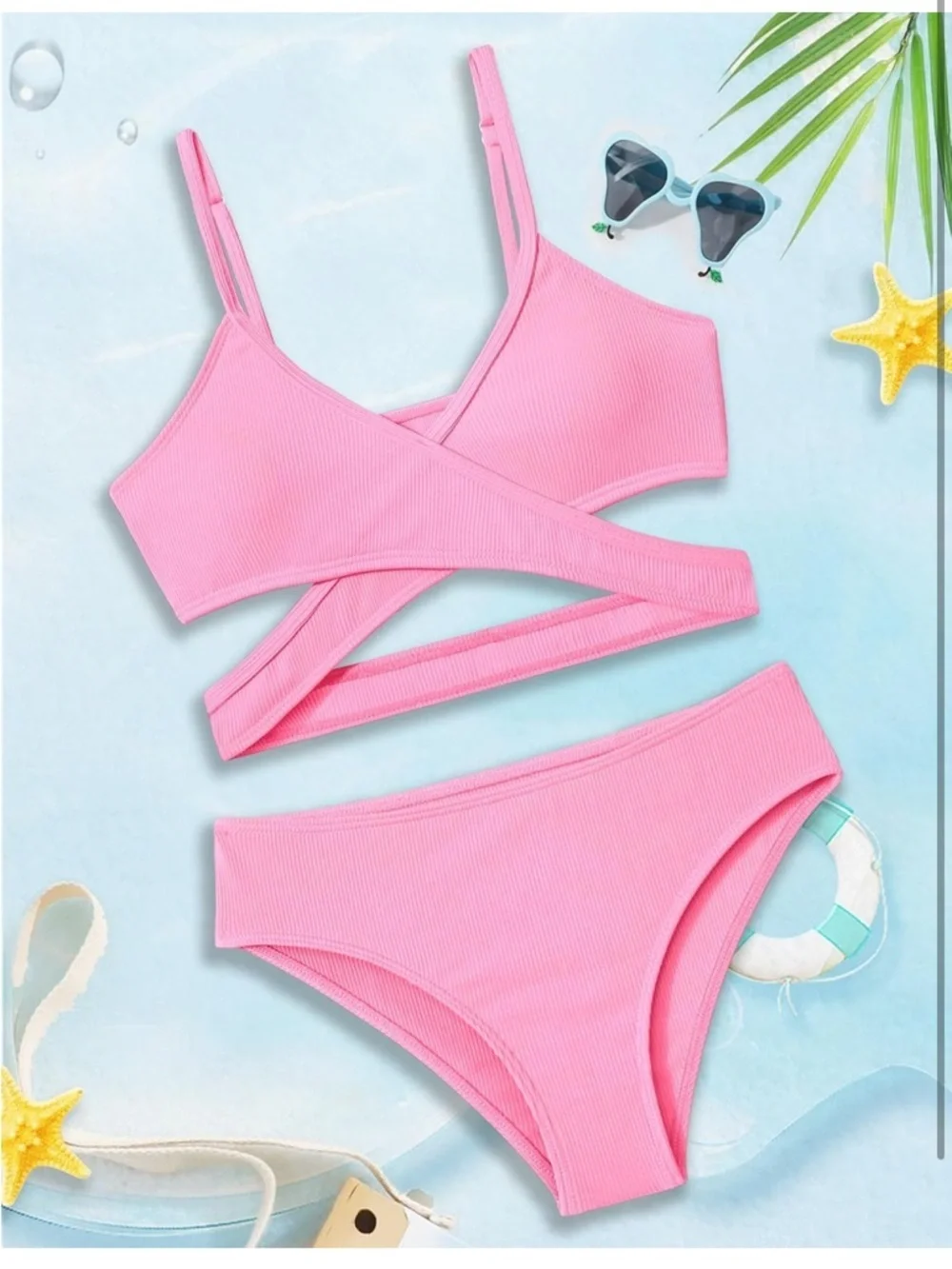 Girls Swimsuits Two Piece Solid Color Teens V-Neck Criss Cross 15-16Y 953/b1-1
